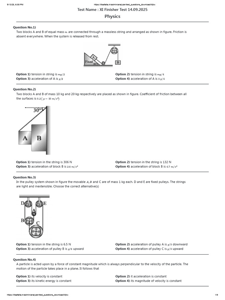 XI Finisher Test Physics Questions | PDF | Tension (Physics) | Force