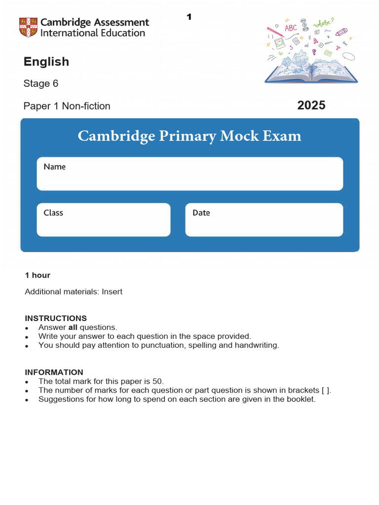 Y6 - 2025 Mock Exam - Paper 1 - Questions | PDF | Linguistics | Grammar