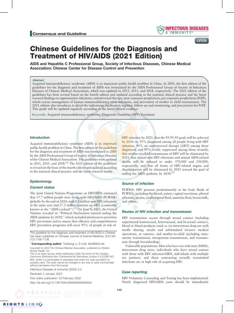 Chinese Guidelines For The Diagnosis and Treatment of Hiv Aids (2021 ...