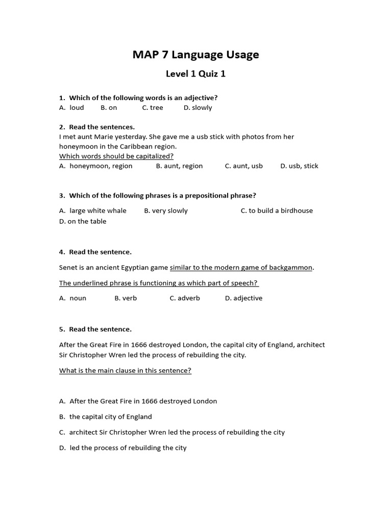 MAP 7 Language Usage Quiz Guide | PDF | Phrase | Adverb