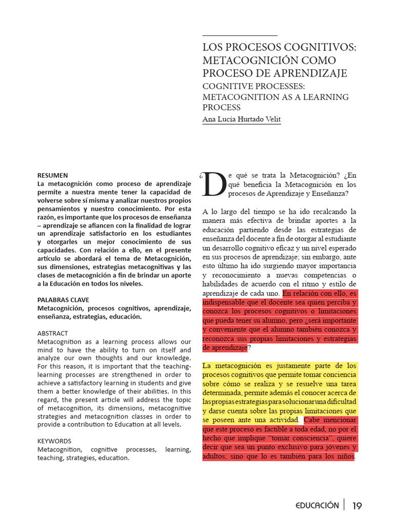 Metacognición en el Aprendizaje Efectivo | PDF | Teoria de la mente ...