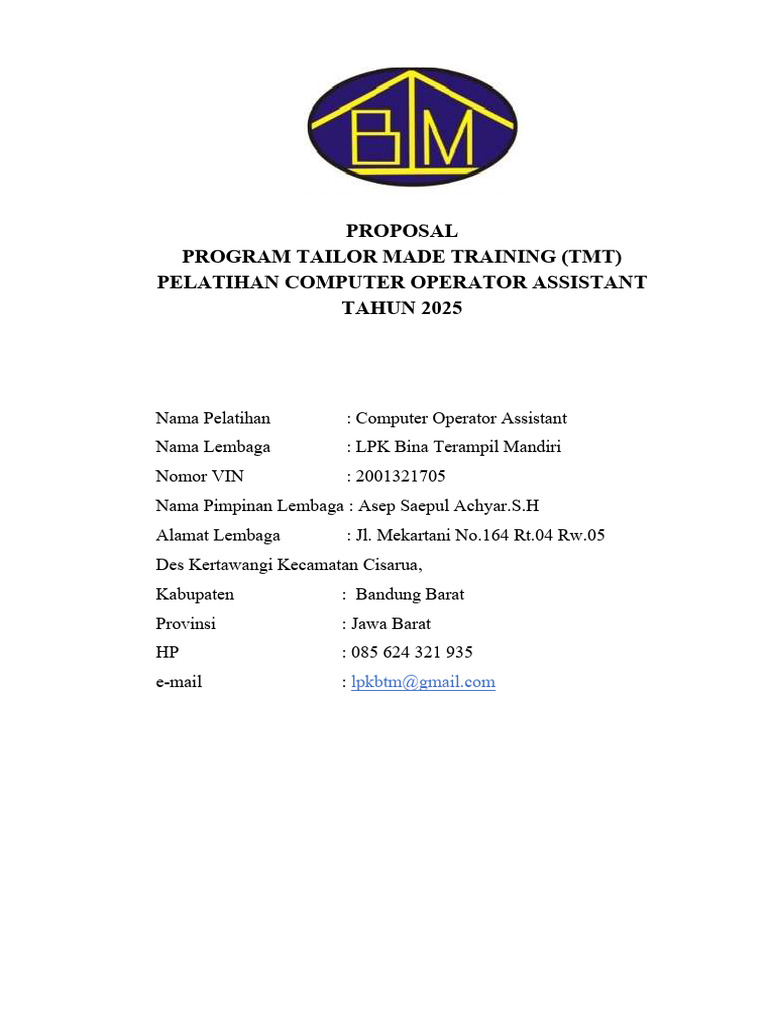 Proposal Pelatihan Computer Operator 2025 | PDF