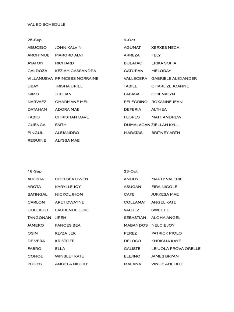 Val Ed Schedule | PDF