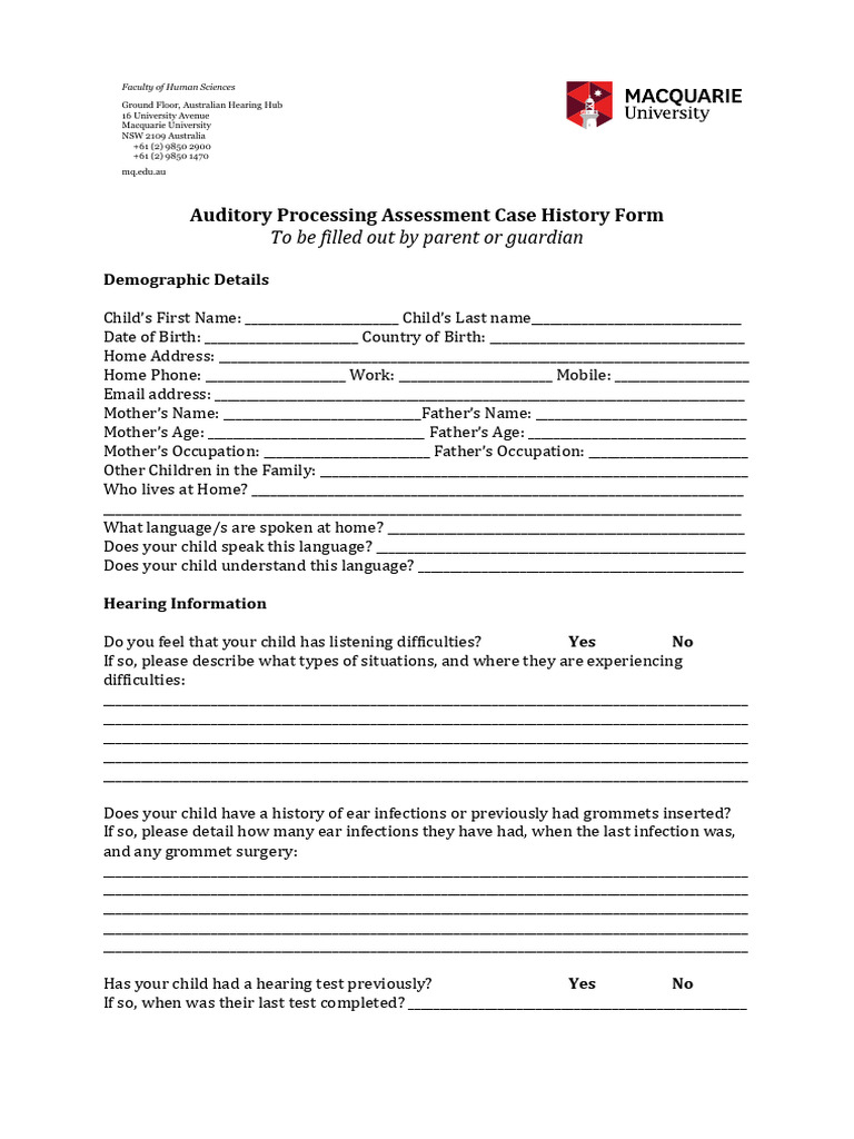 Auditory Processing Assessment Form | PDF | Developmental Disabilities ...