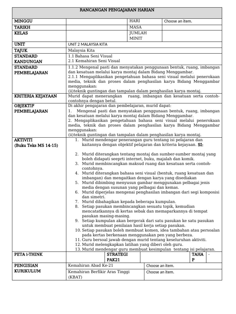 Rancangan Pengajaran Seni Visual | PDF