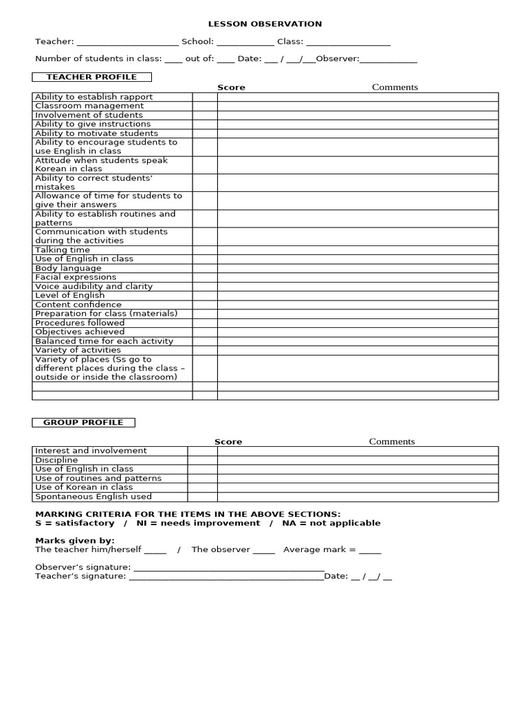 Lesson Observation Evaluation Form | PDF