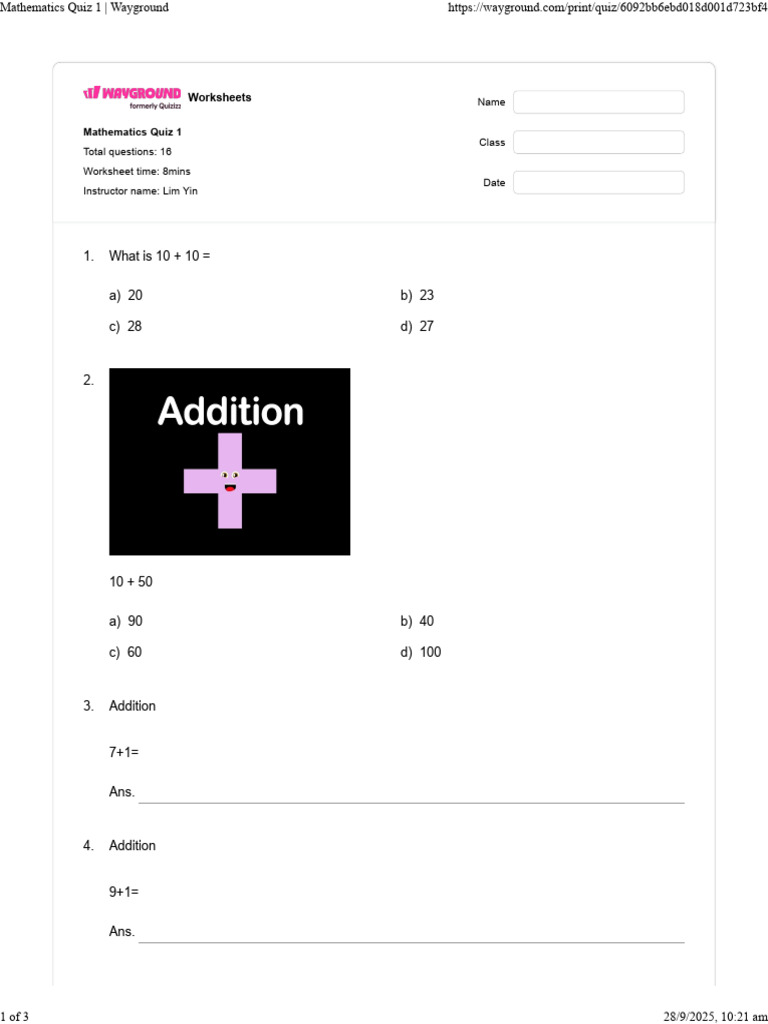 Mathematics Quiz 1 - Wayground | PDF