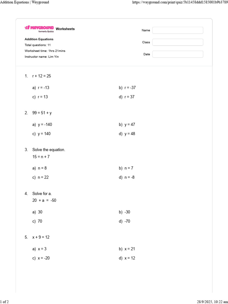 Addition Equations - Wayground | PDF | Chess Theory | Chess