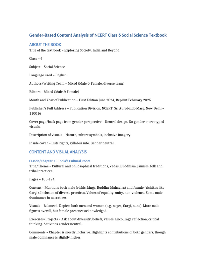 Gender Analysis of NCERT Class 6 Textbook | PDF | Gender | Gender Studies