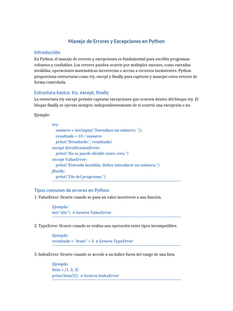 Tutorial Manejo Errores Excepciones Python | PDF