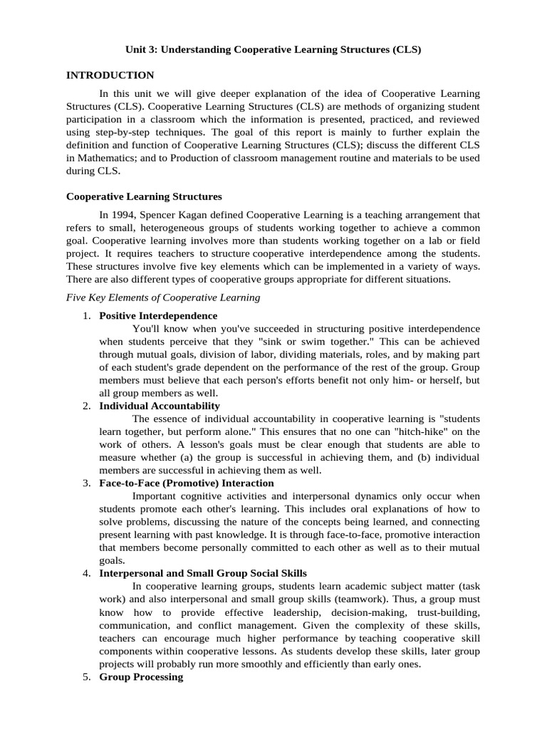 Cooperative Learning Structures in Math | PDF | Classroom Management ...