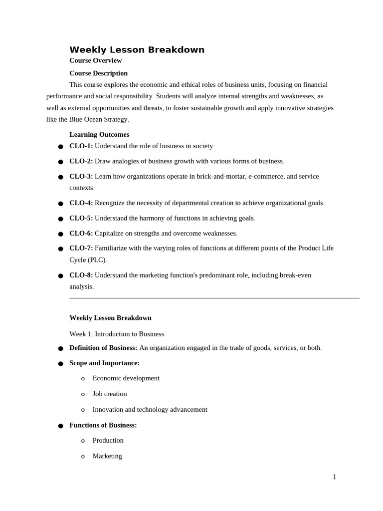 Business Course Weekly Breakdown | PDF | Partnership | Joint Stock Company