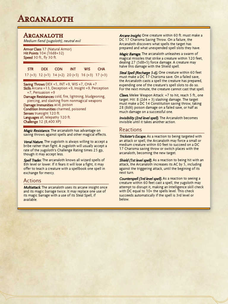 Arcanaloth 5E Stat Block Overview | PDF