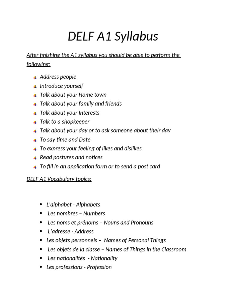 DELF A1 French Syllabus Overview | PDF
