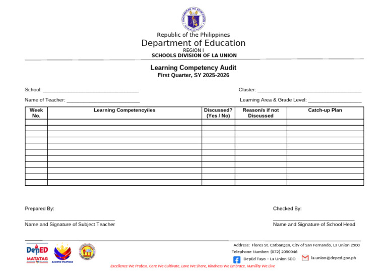 La Union Learning Competency Audit 2025-2026 | PDF