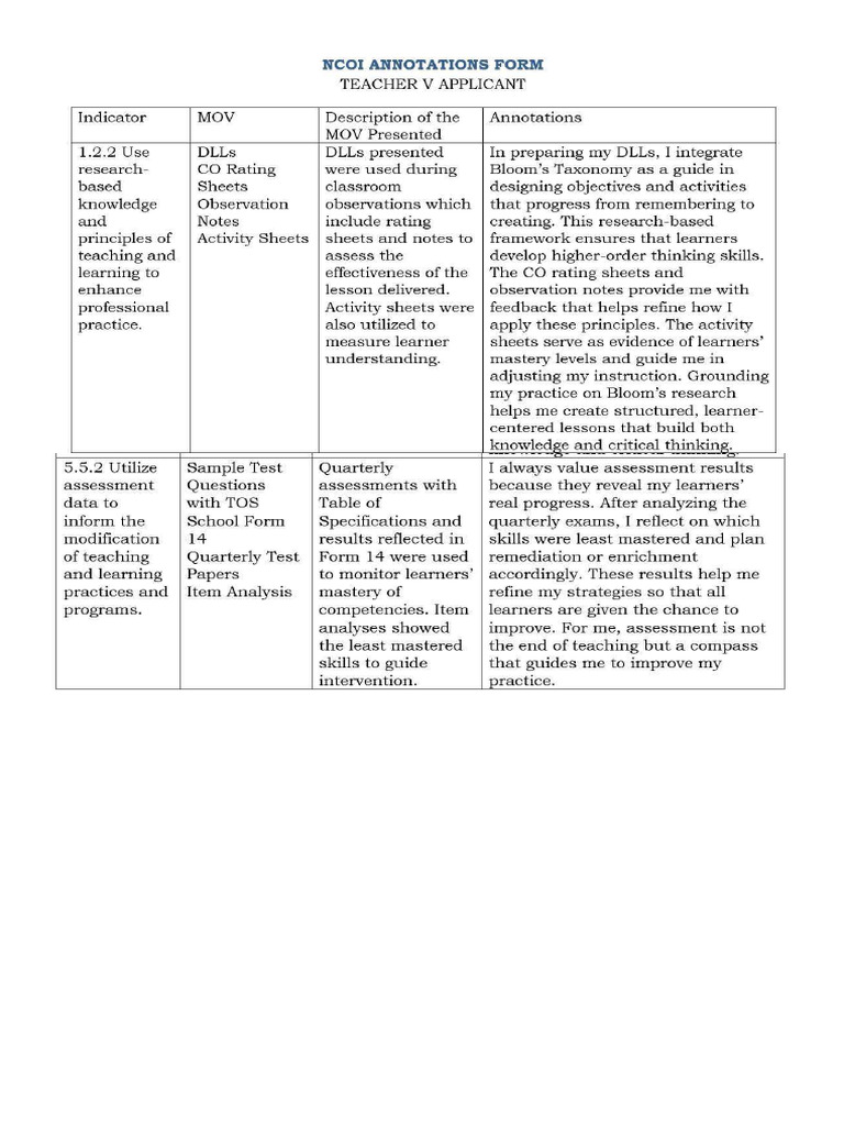 TV NCOI MoVs, Descriptions, and Annotations (Sample Only) | PDF