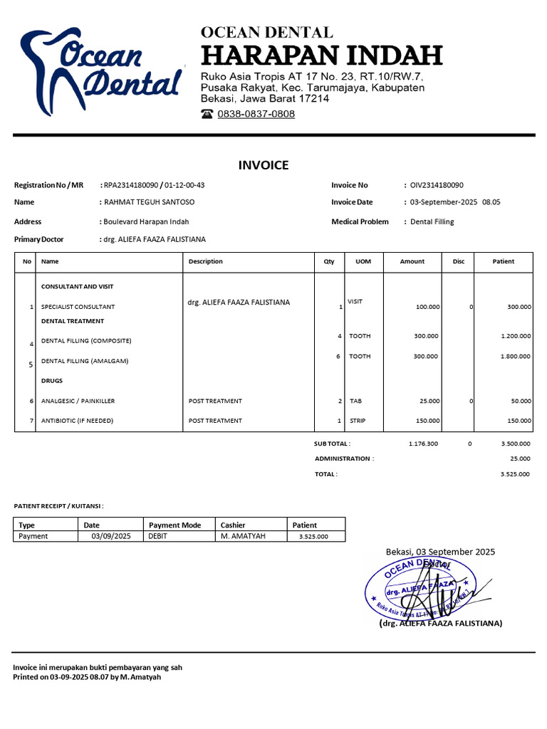 Dental Invoice for Treatment Services | PDF | Medical Treatments ...