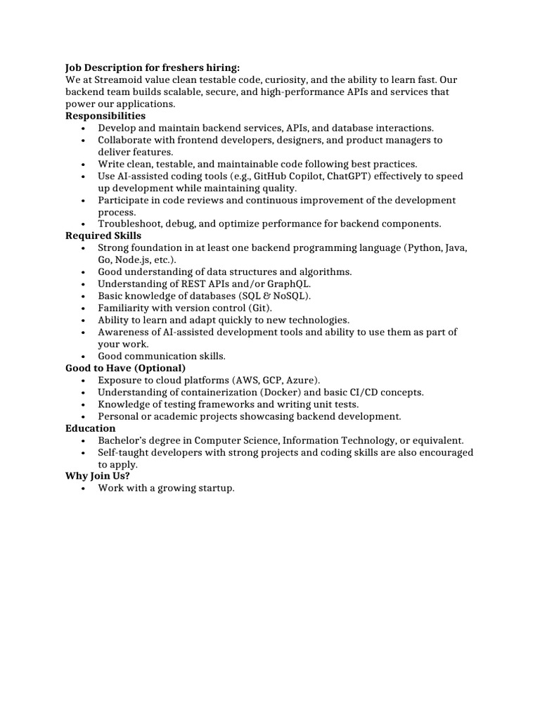 Freshers Backend Developer Role | PDF