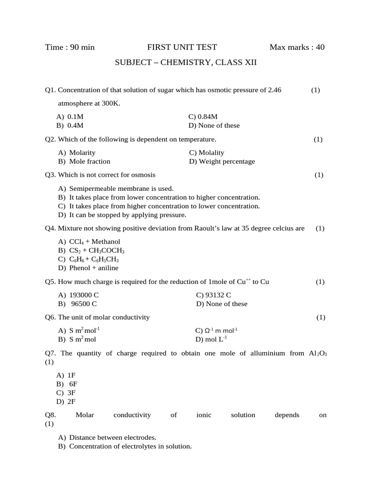 Class XII Chemistry Unit Test Questions | PDF | Reaction Rate | Chemistry