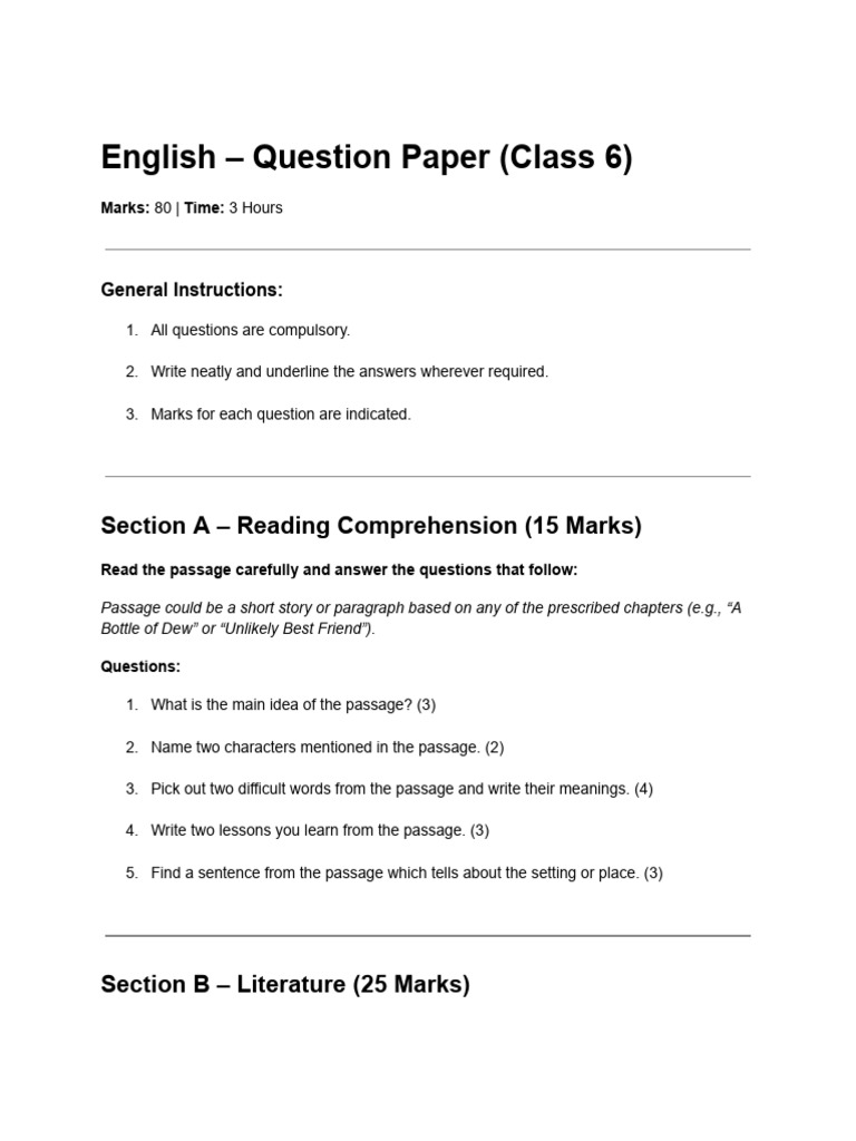Class 6 English Question Paper | PDF | Linguistics