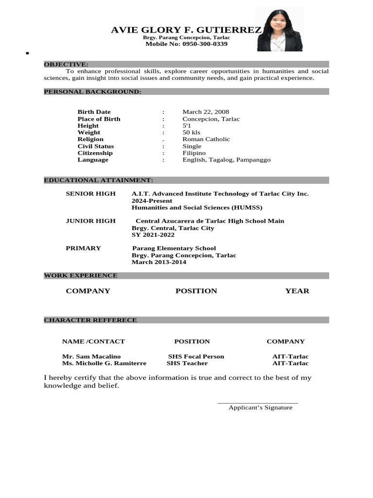 Resume For Work Immersion | PDF