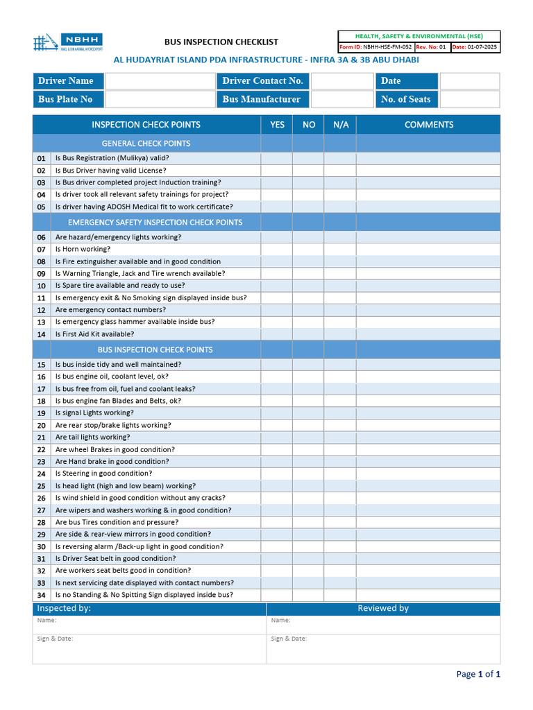Bus Inspection Checklist Template | PDF | Automotive Technologies ...