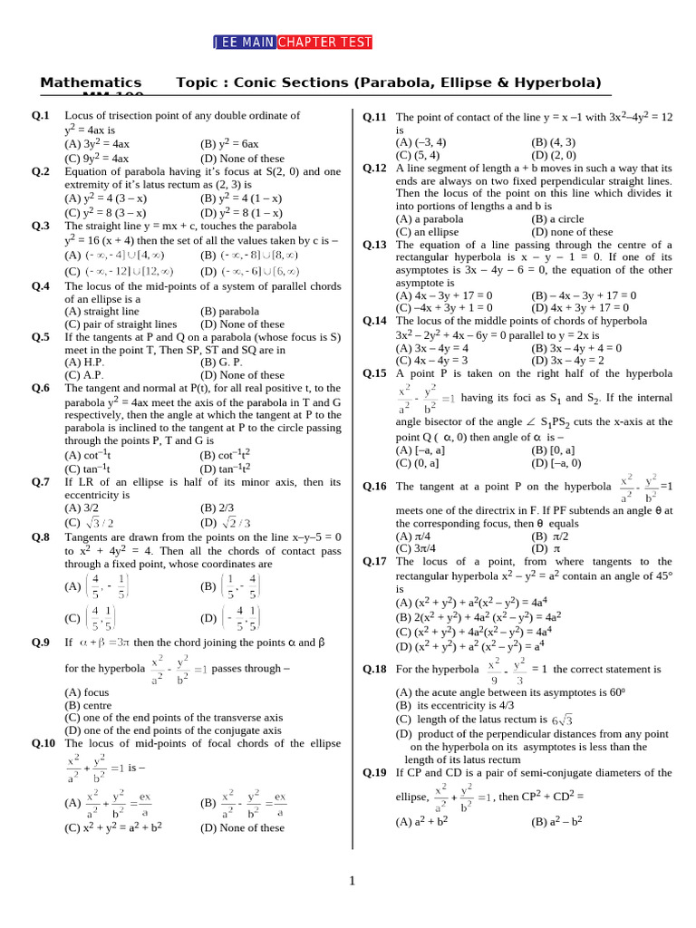 Conic Sections: Parabola, Ellipse, Hyperbola Problems | PDF ...