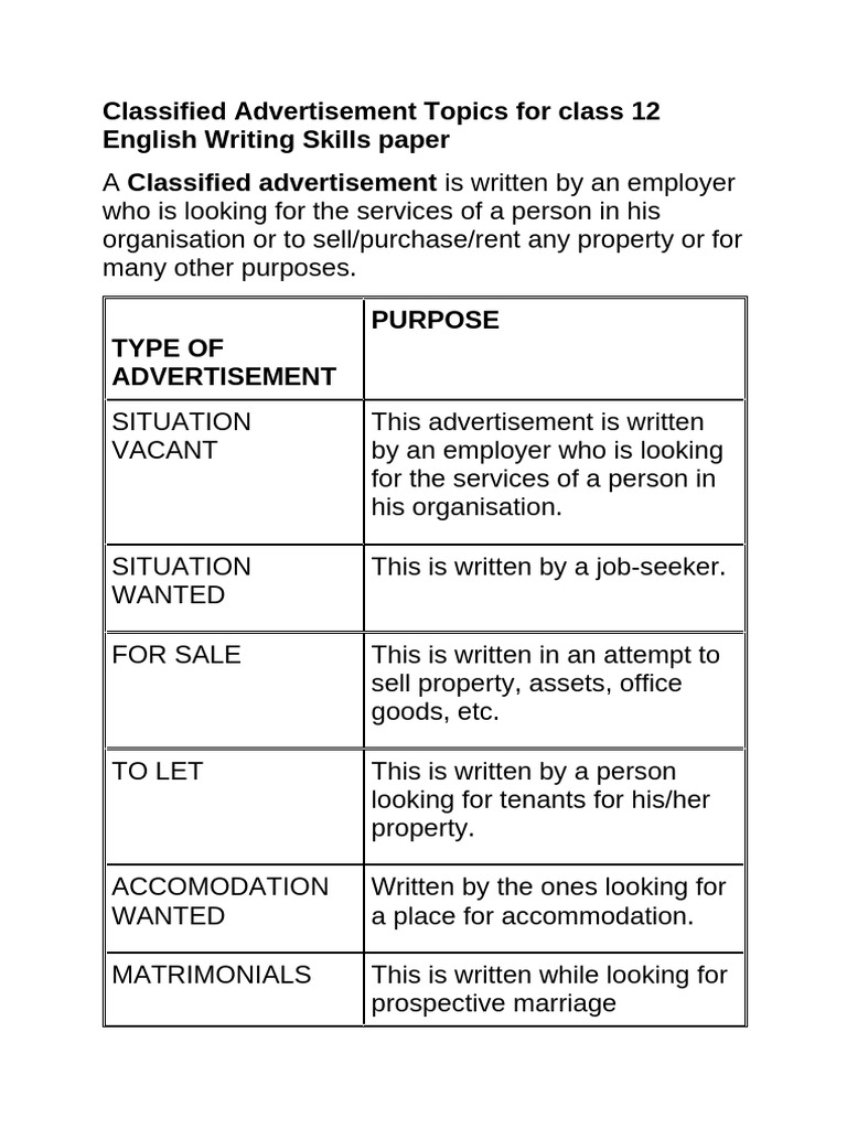 Classified Advertisement Writing Guide | PDF | Advertising