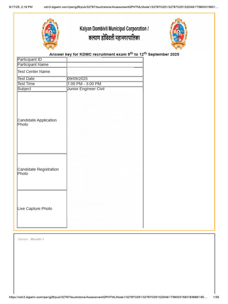 KDMC JE CIVIL 9 September 2025 Afternoon Shift Paper Wit | PDF ...