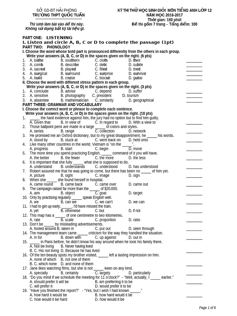 English Proficiency Test for 12th Graders | PDF | Syntax | Linguistics