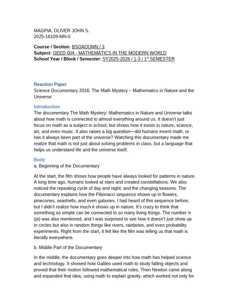 Sample Draft - Reaction Paper MMW | PDF | Mathematics | Gravity