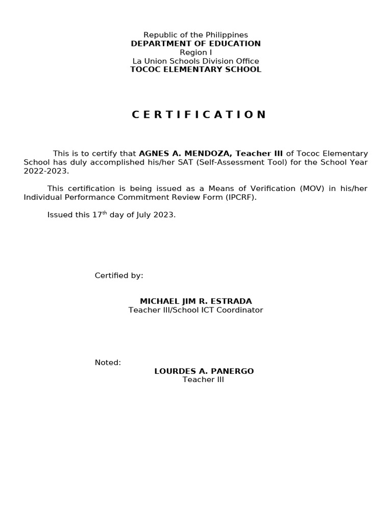 SAT Certification for Teachers 2022-2023 | PDF | Government | Philippines