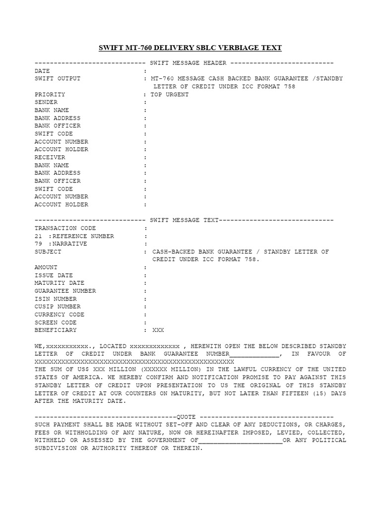 MT-760 SBLC Verbiage Template | PDF | Letter Of Credit | Financial Services