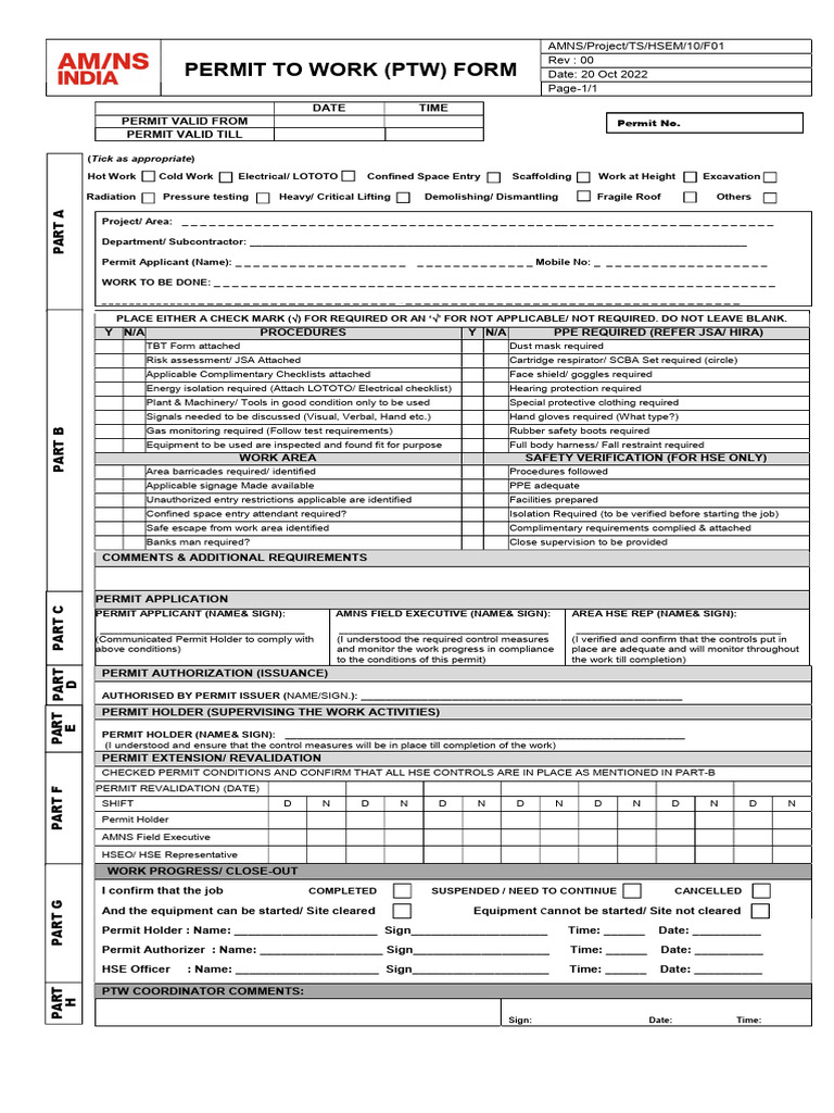 Permit to Work (PTW) Form Template | PDF | Personal Protective ...