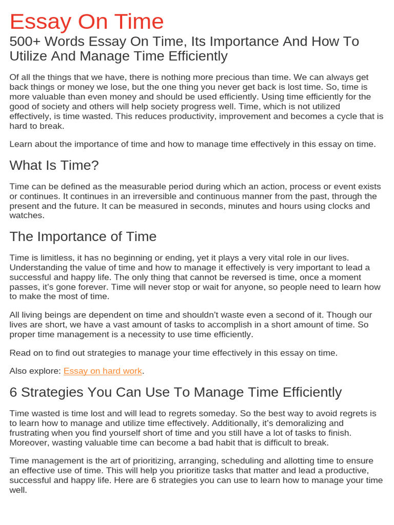 Essay On Time | PDF | Goal | Time Management