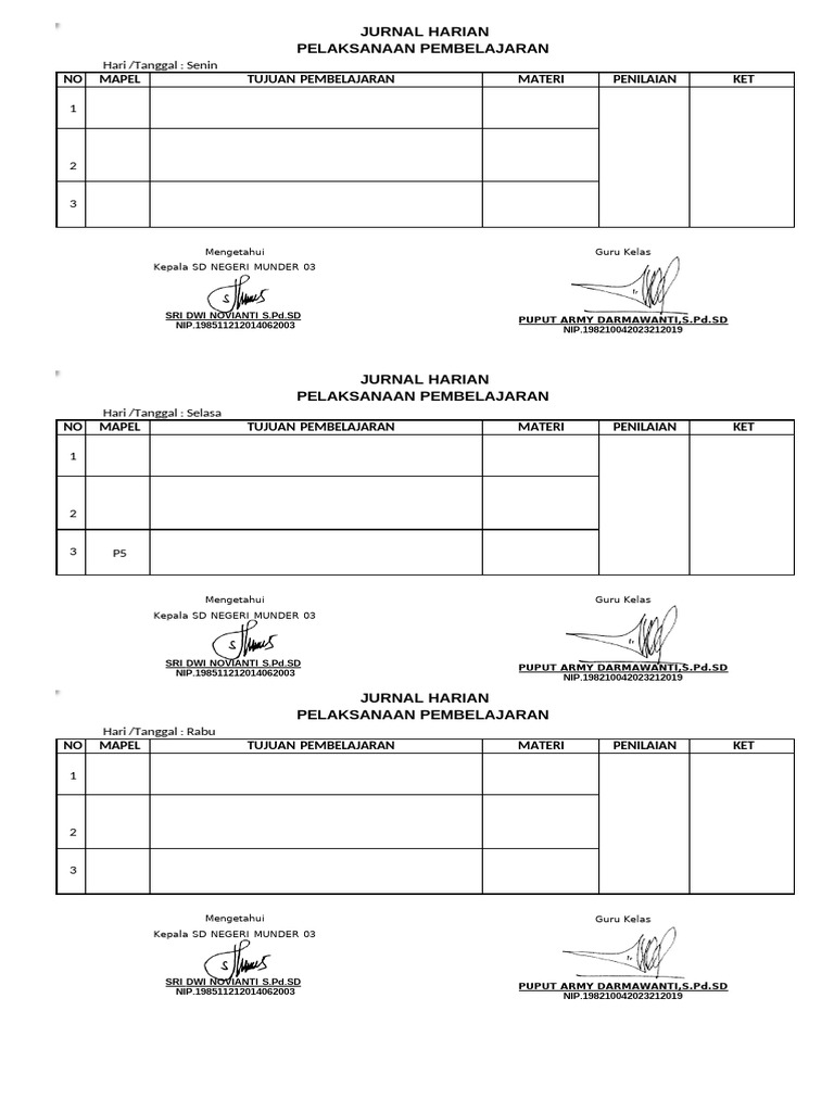 Jurnal Harian Pembelajaran SD Munder 03 | PDF