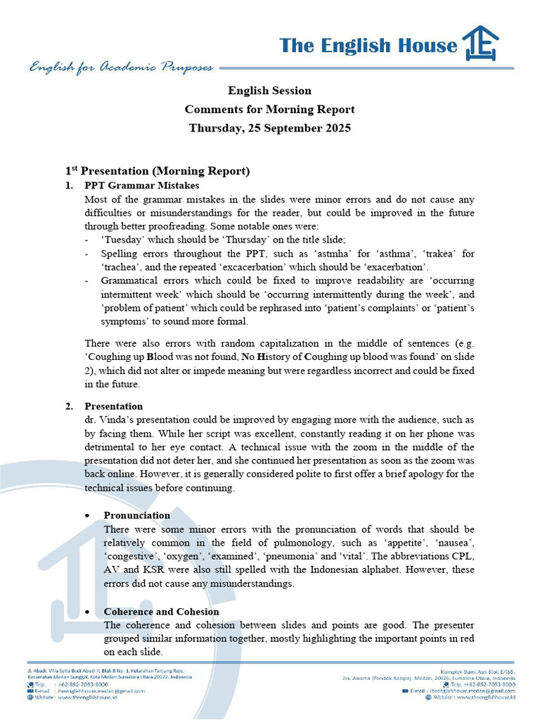 Grammar and Presentation Feedback Report | PDF | Human Communication ...