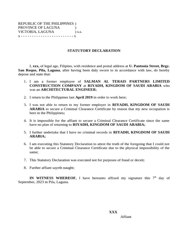 Statutory Declaration for Criminal Clearance | PDF