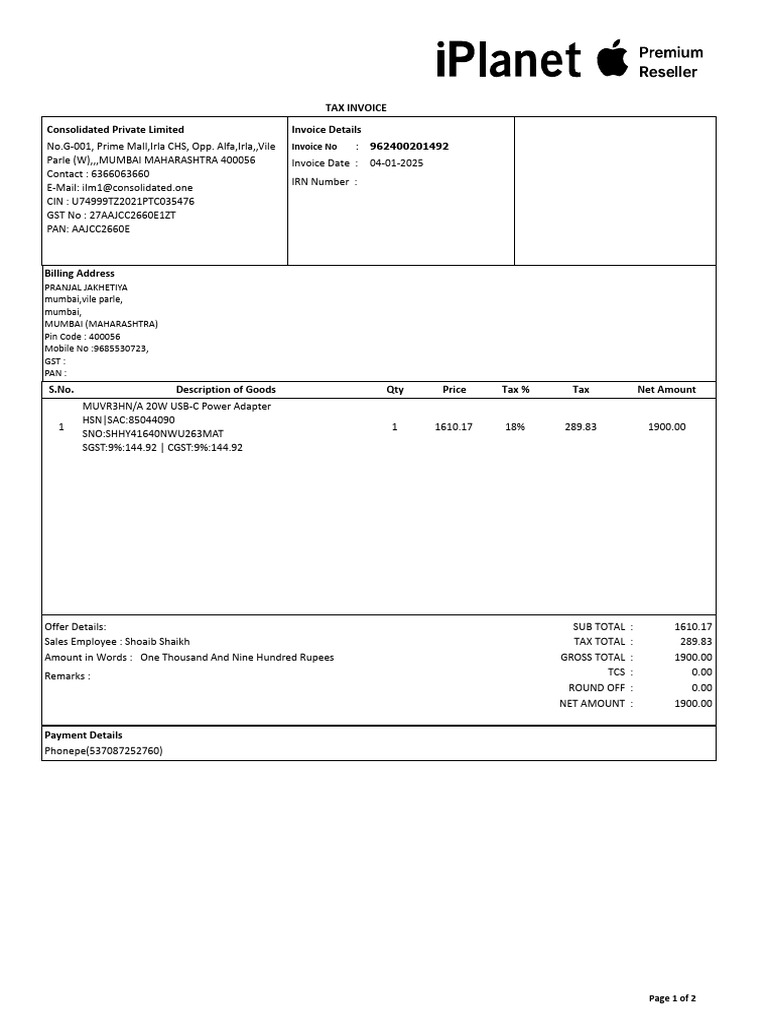Tax Invoice for Apple Power Adapter | PDF | Invoice