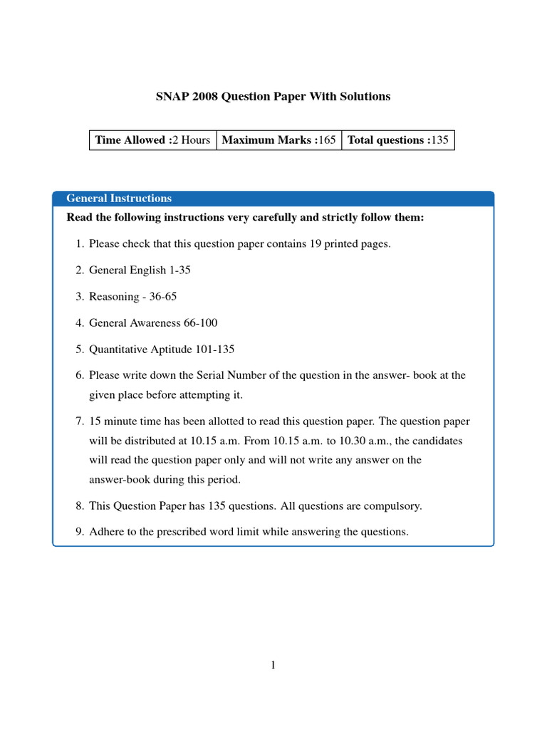 SNAP 2008 Question Paper & Solutions | PDF | Parking | Car