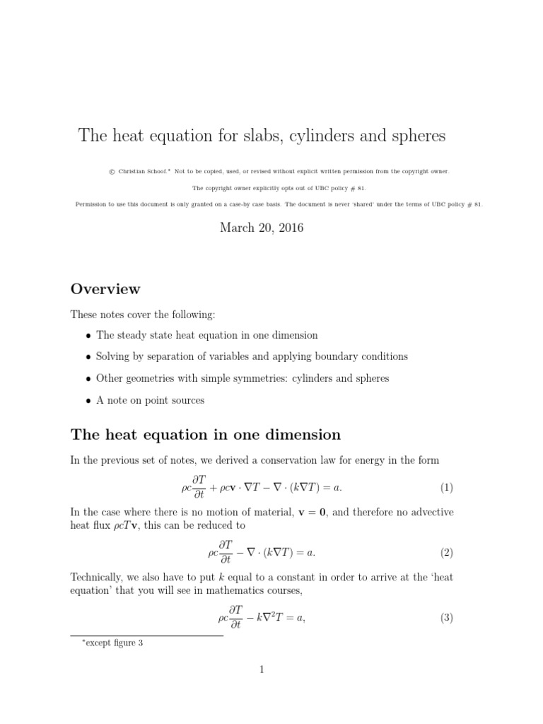 Heat Equation for Slabs, Cylinders, Spheres | PDF | Equations | Heat