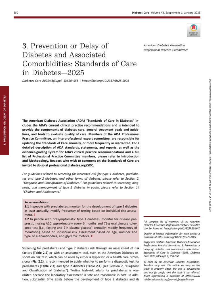 ADA 2025 Standards: Diabetes Prevention | PDF | Prediabetes | Diabetes