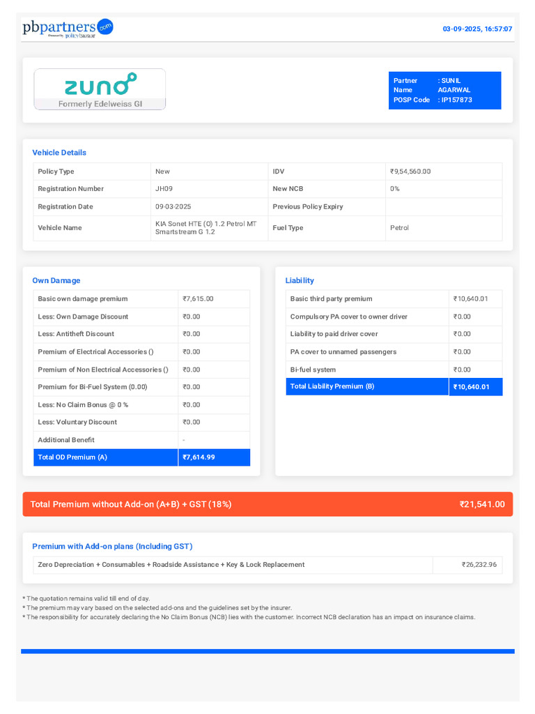 KIA Sonet Insurance Quotation Details | PDF | Vehicles | Transport