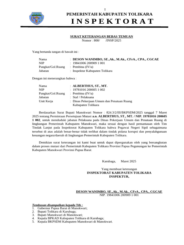Surat Bebas Temuan PNS Tolikara | PDF