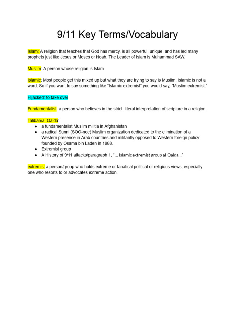 9/11 Vocabulary and Key Terms Guide | PDF