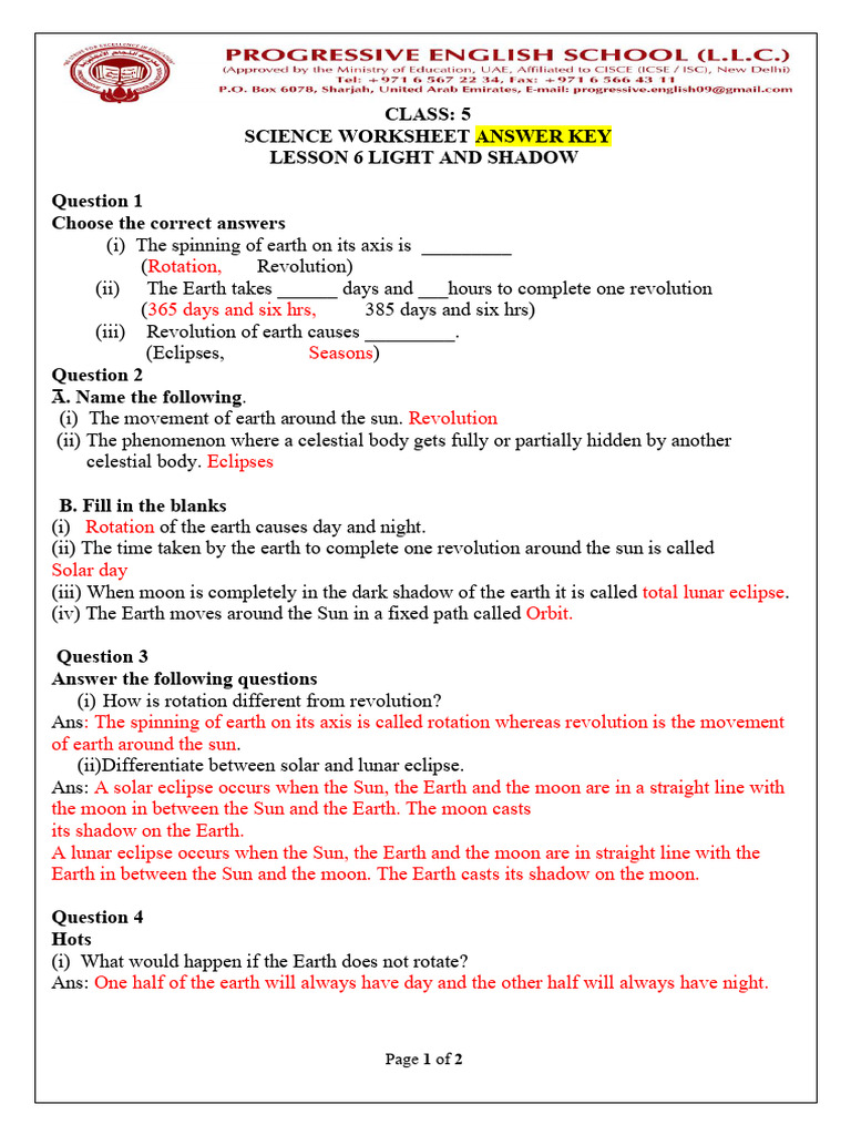 Class 5 Science: Light and Shadow Key | PDF | Eclipse | Moon
