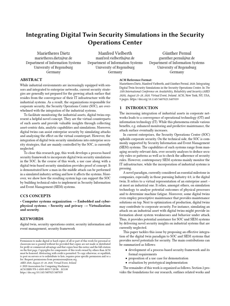 Digital Twin Security in SOC Framework | PDF | Computer Security | Security