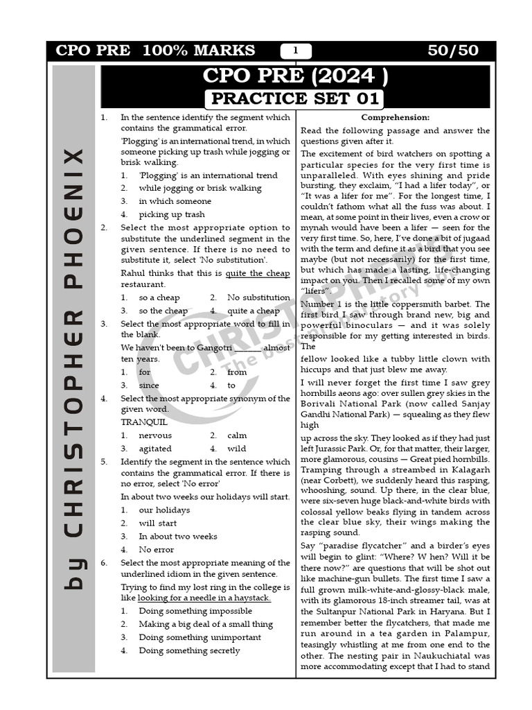 CPO Pre Exam Practice Questions | PDF | Birds