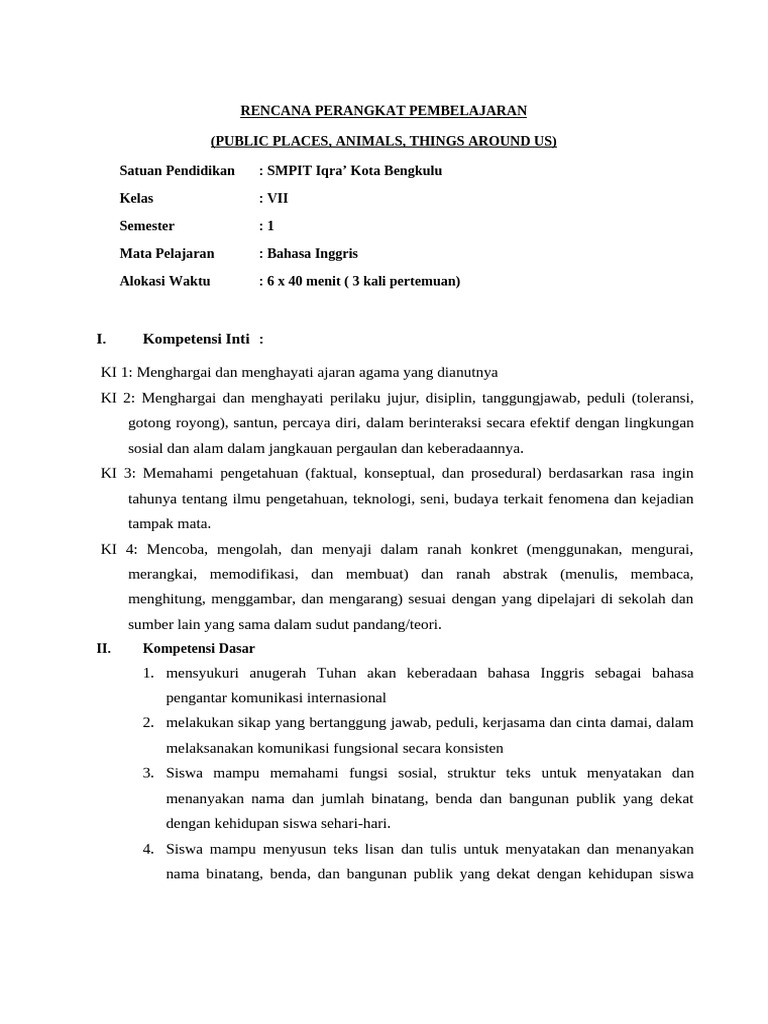 RPP Sem 1 Public Places and Animals | PDF