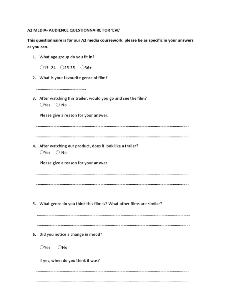 Audience Feedback Questionnaire for 'Eve' | PDF